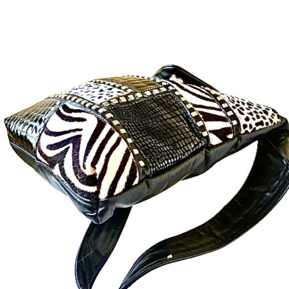 Vintage Genuine Leather Calf Hair Patchwork Shoulder Bag Mixed Prints - Picture 8 of 14